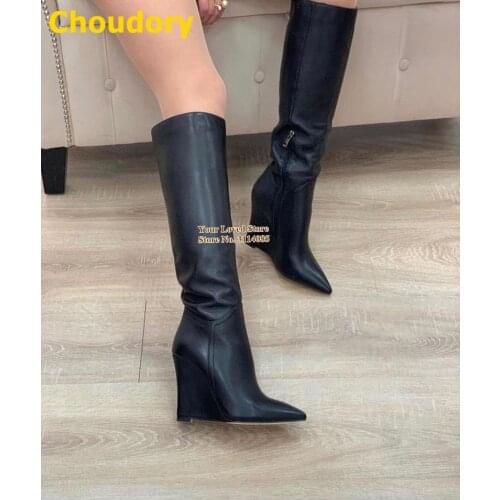 Choudory Women Black Nude Matte Leather Knee High Boots Wedge Heel Pointed Toe Zipped Tall Boots Fall Winter Dress Shoes Size46