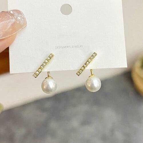 Simple Korean One Line T Bar Pearl Stud Earrings for Women Elegant Back Hanging Earring Fashion Jewelry 2021