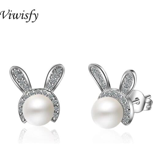 Viwisfy Cute Rabbit Pearl Studs For Girl Real 925 Sterling Silver Earrings Women VW21089