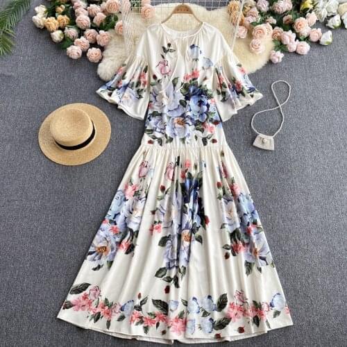 New Spring Summer Women V-Neck Speaker Sleeve Loose Long Dress Vintage Court Style Flowers Print Big Hem Maxi Dress