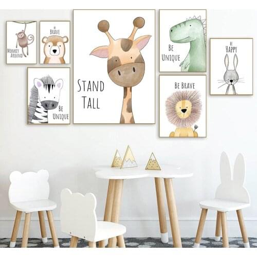 Watercolor Woodland Baby Animal Poster Dinosaur Lion Poster Nursery Wall Art Canvas Painting Nordic Kid Room Decoration Picture