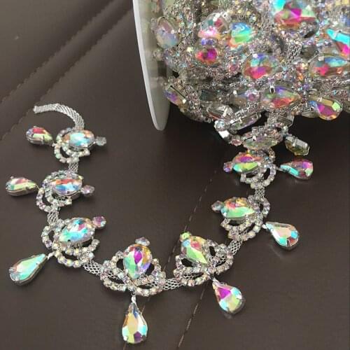 Top-Grade Crystal AB Rhinestone Cup Chain Waterdrop shape Tassel Silver Base Rhinestone Trim AB Sew on Rhinestones DIY Dress Bag