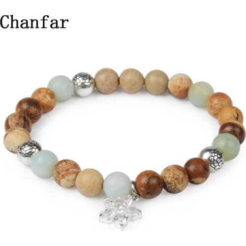 Chanfar 8mm Picture stone and Amortize Beaded bracelet with Flower Charm Bracelet For Women Jewelry