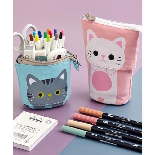 Pencil Bag Case Cartoon Cute Cat Bear Sheep Canvas Fold Standing Pen Holder Stationery Organizer for Kids Gift