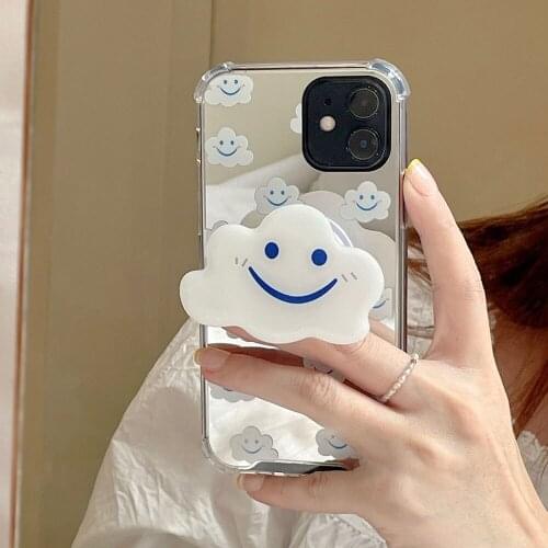 Korean ins Cute White Cloud Bracket Mirror Phone Case for iPhone 12 11 Pro Max Mini XS XR X 7 8Plus Lucky Smile TPU Back Cover