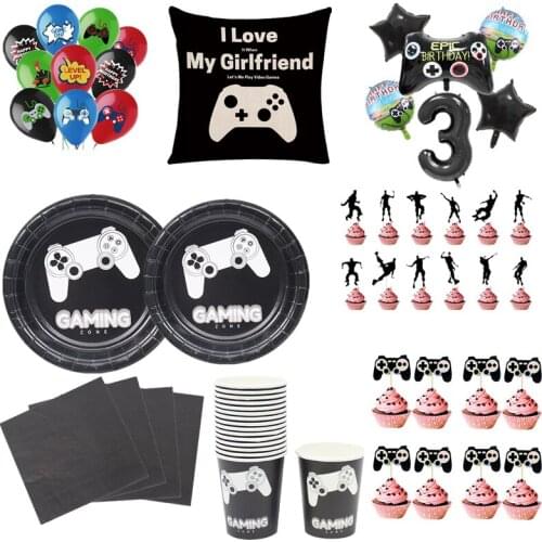 8pc Black Gamepad Game Theme Cup Birthday Decoration Party Supplies Disposable Plate Dessert Cup Paper Straw Party Tableware set