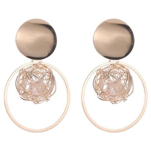 Ey1078 European Vintage Punk simple hollow woven ball pearl earrings geometric big circle pendant earrings female jewelry
