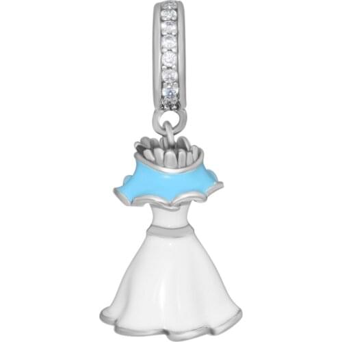 Fandola CKK 100% 925 Sterling-Silver-Jewelry Princess Blue & White Dress Dangle Charm Fits for Pandora Bracelets Jewelry Making