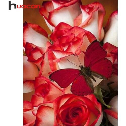Huacan Full Square/round Diamond Painting Rose Flower Diamond Embroidery Mosaic Red Butterfly Floral Cross Stitch Home Decor