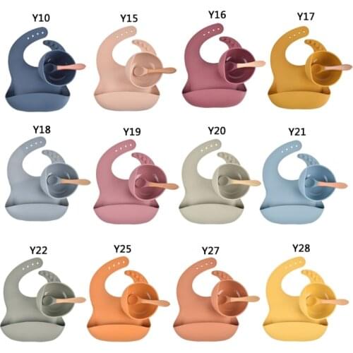 3pcs Baby Feeding Set Food Grade Silicone Non-Silp Suction Tableware Kids BPA-Free Waterproof Bib Bowl Spoon Dishes