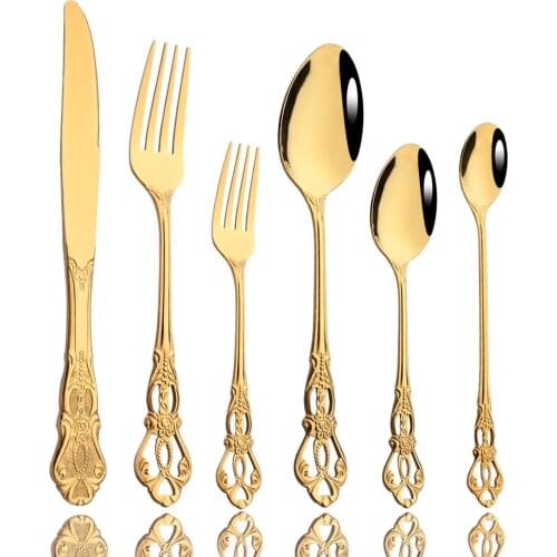6Pcs Gold Cutlery Set Stainless Steel Black Knife Fork Ice Spoon Flatware Kitchen Luxury Tableware Dinnerware Set Dropshipping
