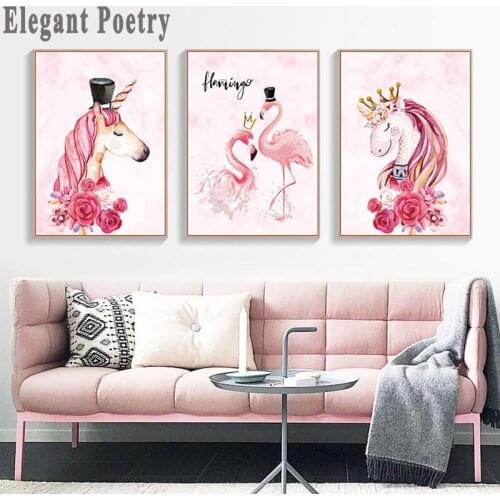 Pink Cartoon Flower Flamingo Print Baby Nursery Wall Art Canvas Painting Cartoon Nordic Decoration Picture Kids Bedroom Decor
