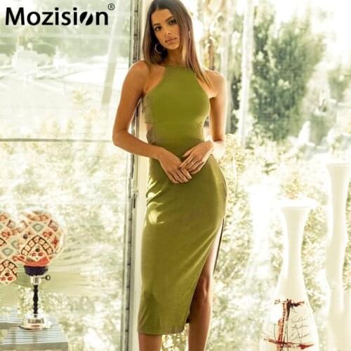 Mozision Spaghetti Strap Backless Long Dress Women Solid Sleeveless Sexy Sundress Ladies High Waist Side Split Dress Vestidos