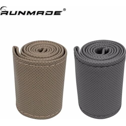 Runmade DIY PU Leather Hand Stitched Braid Car Steering Wheel Cover Skid Proof With Needles and Thread Gray Beige