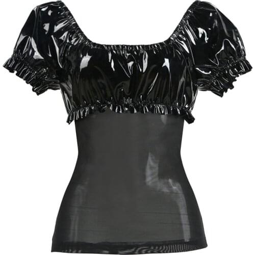 Sexy Women Hollow Mesh T-Shirt Ladies patchwork Leather Sexy Black T shirt O-Neck See-through Transparent Crop Tops Clubwear