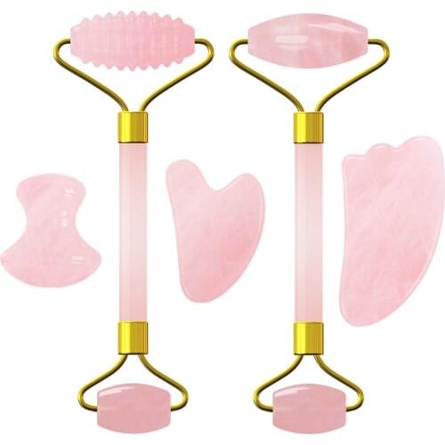 Gouache Scraper Facial Massage Roller Set for Body Massage Skin Care 100% Natural Rose Quartz Guasha Board Face Roller Massager