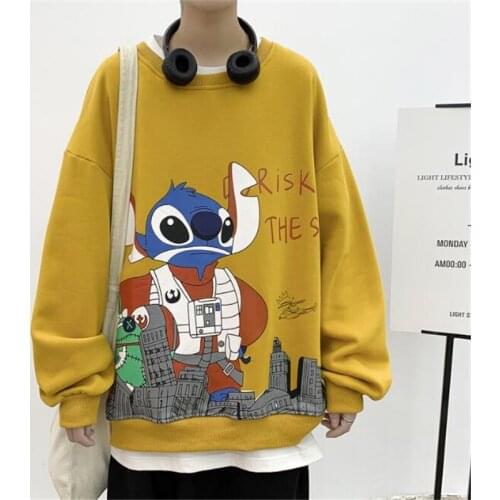 Disney Stitch Mens Hoodies Cartoon Print Sweatshirt Graphic Anime Streetwear Round Neck Long Sleeve Tops Loose Winter Clothing