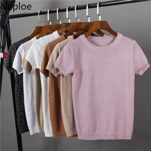 Neploe Lurex Knitted Women T Shirts Spring Summer 2021 Solid Korean O Neck Short Sleeve Tees Casual Stretch Female Tops 80612