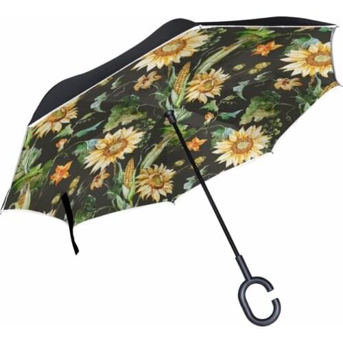 Oil Painting Sunflower Printed Reverse Umbrella Windproof Rainproof Women Umbrellas Three Folding Double Layer Inverted Umbrella