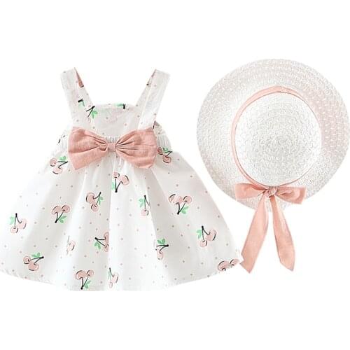 #vw Children Clothes Baby Girls Sleeveless Cherry Dot Printing Princess Dresses Bow Hat Summer Outfits Suit Одежда Для Девушки