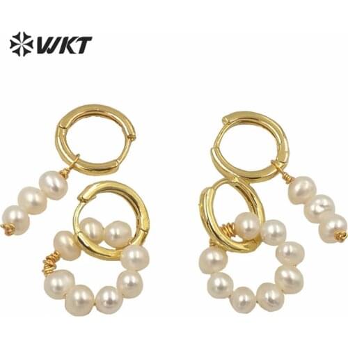 MPE052 WKT Women Jewelry earrings freshwater pearl circle dangle earring round clash pearl lady earring in gold eletroplated