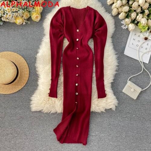ALPHALMODA Bubble Sleeve Single Breasted Knitting Dress Wrap Hip Knit Dress Women Autumn Winter Fashion Dress