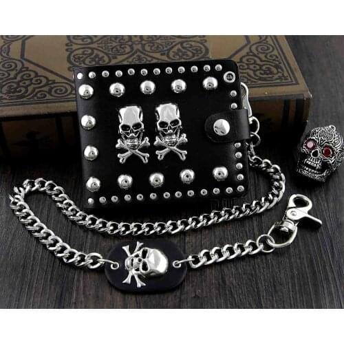 2 Skulls Mens Rivet Punk Roker Bifold Biker Leather Wallet w/ Jeans chain