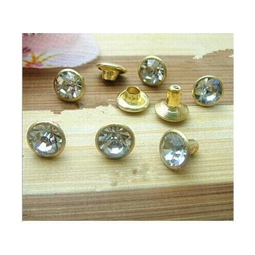 7mm rhinestone rivet for jean/garment,Gold metal with clear rhinestones.300sets/lot,metal button rivet
