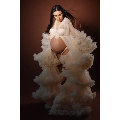 Beige Pregnant Night Gown Bride Sleepwear Robes Custom Made Ruffles Tulle Long Sleeves Photograph Gown Women Sleepwear Dress