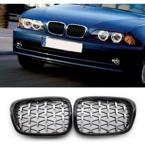 Double Slat Sport Style Gloss Black Diamond Kidney Grille Grill Replacement Chromed Black for BMW E39 99-03 1 Pair
