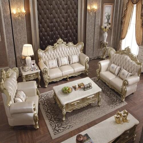 Champagne Solid Wood Carving European-style Leather Sofa First Layer Cowhide Villa Size and Living Room Combination