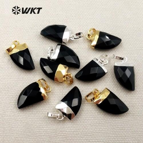 WT-P1271 Wholesale Fashion Natural Black Onyx Pendant With Hat Black Quartz Stone Tooth Shape Pendant For Jewelry DIY Making