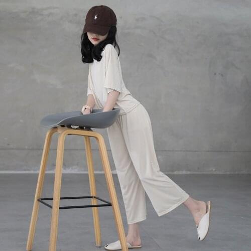 2021 New Silk Cotton Fabric Girls Suit Summer Loose Tee and Pants Calf Length Wide Leg Pants Teen Clothes Suit Kids Set,# 6255