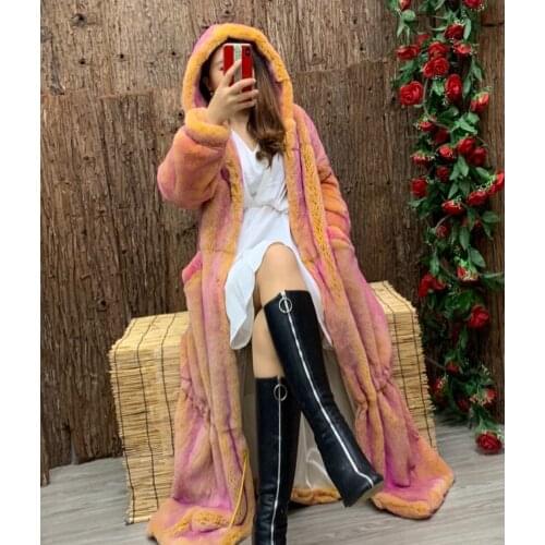 2021 new winter women whole skin real rex rabbit fur coat hooded tail long