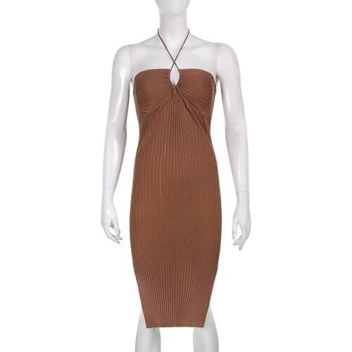 2021 Hirigin Women Summer Tie-up Halter Dress, Adults Sexy Solid Color Boat Neck Sleeveless Apparel leisurewear Slit Cutout