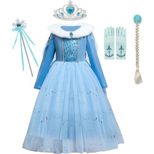 Girls Christmas Dress For Kids Elsa Anna Cosplay Costume Children Winter Warm Fur Collar Dress Elegant Blue Sequins Party Outfit
