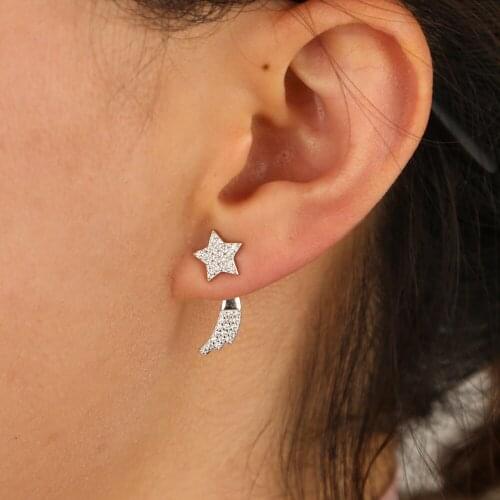 Sparking bling cz paved star star meteor 925 sterling silver girl women fashion trendy double sided earring