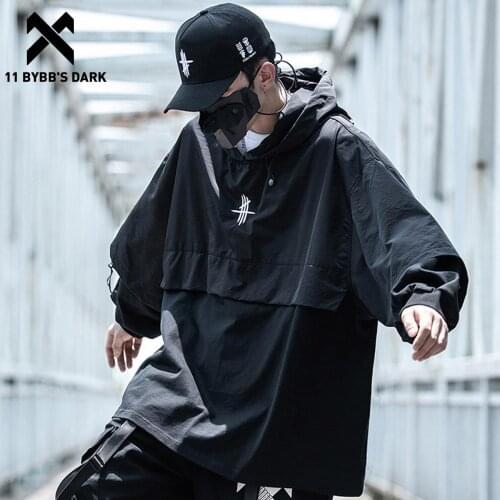 11 BYBBS DARK Fake Two Hoodies Sweatshirts Men Hip Hop Cotton Shawl Pocket Hooded Pullover Streetwear Loose Autumn Hoodie Tops