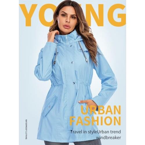 Womens fashion windbreaker with hood, zipper, buttons, windproof, waterproof, breathable, with drawstring, solid color