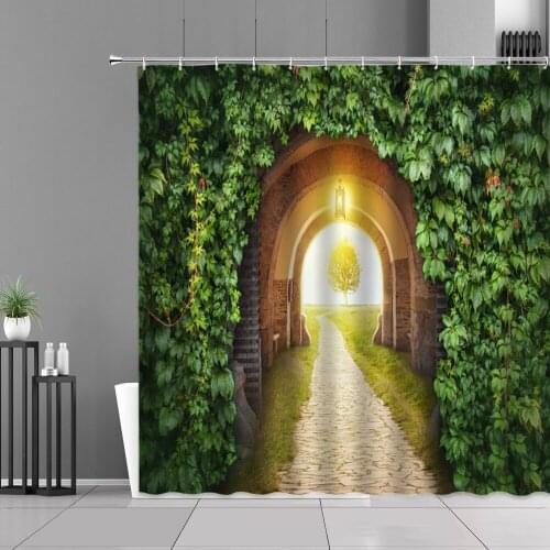 3D Printing Green Vine Shower Curtain Retro Stone Door Architectural Landscape Bathroom Decoration Waterproof Polyester Fabric