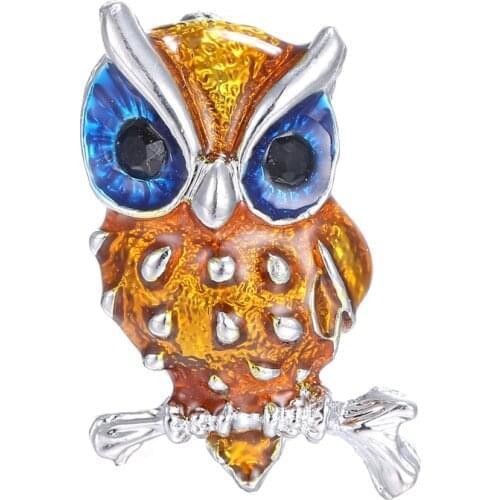 Owl Bird Animal Brooch Pins Cute Yellow Small Rhinestone Brooch Blue Eyes Branch Women Party Wedding Jewelry Accessories Gifts