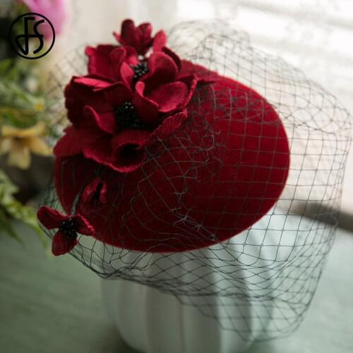 FS Wine Red Wedding Hat Fascinator Women Big Flower Cocktail Party Church Pillbox Hat kentucky Headwear Feather Hair Accessories
