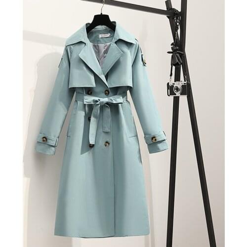 Ailegogo Streetwear Female Solid Loose Lapel Long Trench Coat with Belt Autumn Women Casual Light Green Windbreaker Outwear
