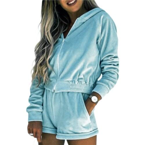 New Women Summer Sports And Leisure Sweater Set 2-Piece Set Long-Sleeved Solid Color Zipper Hoodie + Wide-Leg Shorts Set