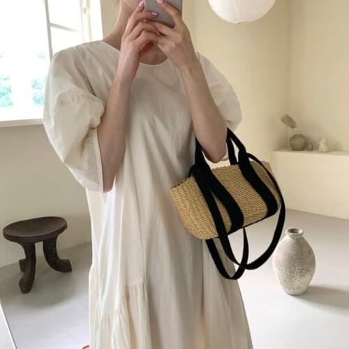 Short Sleeve Summer Dress Korea Women Dress Cotton Bubble Sleeve Dresses Casual Office Loose Waist Dress Lady Vestidos 13849