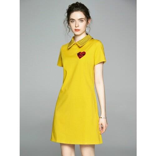 Vintage Elegant Dress Embroidery 2021 Summer T Shirt Dress Casual Polos Collar Short Sleeve High Fashion A- Line Dress Women