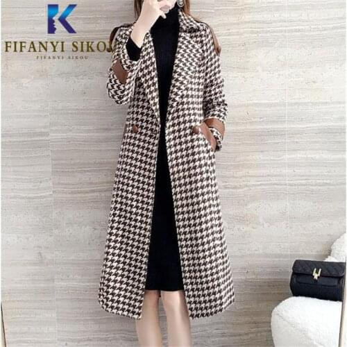 2020 Winter Coat Women Houndstooth Fashion Double Breasted Wool blend Long Coats Thick Warm Overcoat Loose Ladies Woolen Coat