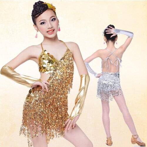 Gold tassel sequin Modern Girl Latin Dance Dress For Girls Ballroom Dancing Dress Girl Competition Dancewear Kids Dance Costumes