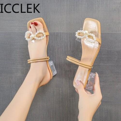 2021 Summer Pearl Fairy Style Sandal with Chunky Heel and Beaded Bow on A Pair of Shoulder Straps Sandalias De Tacon