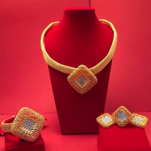 24K Dubai Gold Color Jewelry Sets For Women African India Party Wedding Necklace Pendant Earrings Jewellery Set Engagement Gifts